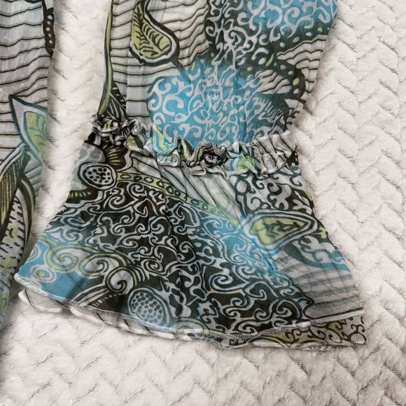 Apt. 9 Sheer Long Sleeve Blouse Blue Grey Olive with Ruffle Detail XL - Picture 4 of 9